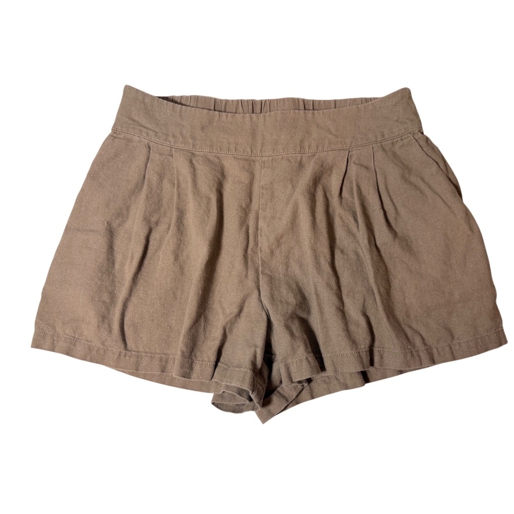 Rewash Brown Linen Blend Pleated Shorts Elastic Waist Medium Minimalist